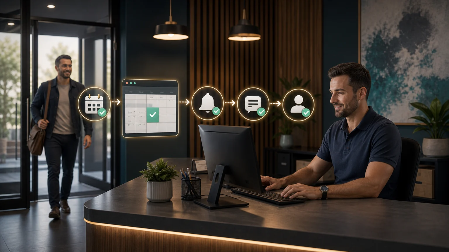 Automated appointment reminder workflow with a male receptionist and male customer