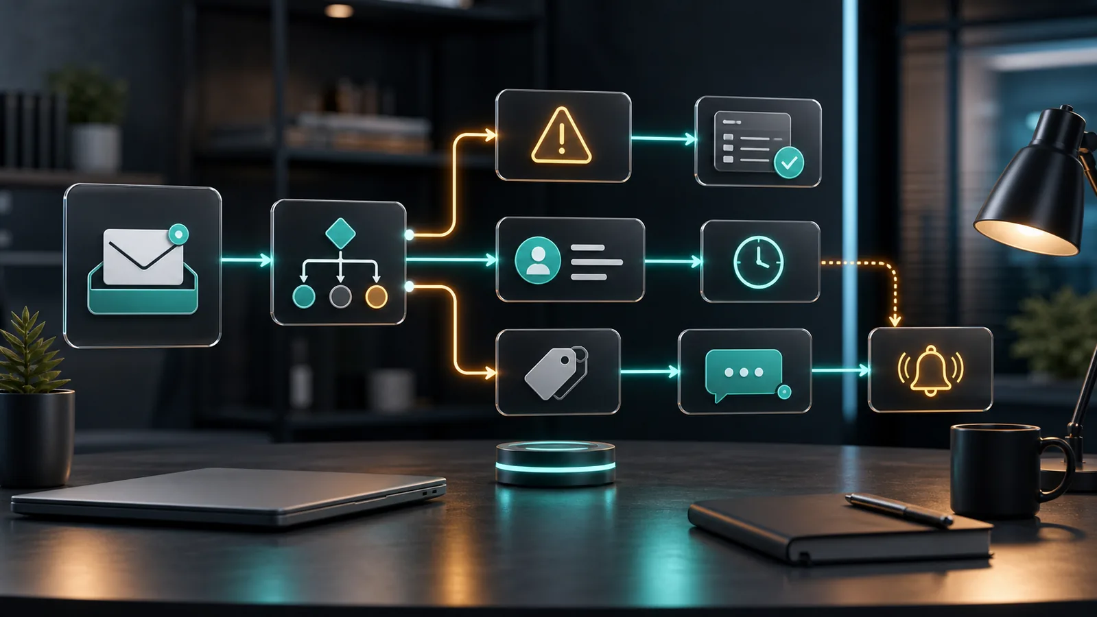 Cinematic 3D workflow showing a shared support inbox, category routing, urgent issue branch, task card, response timer, customer reply module, and escalation notification.