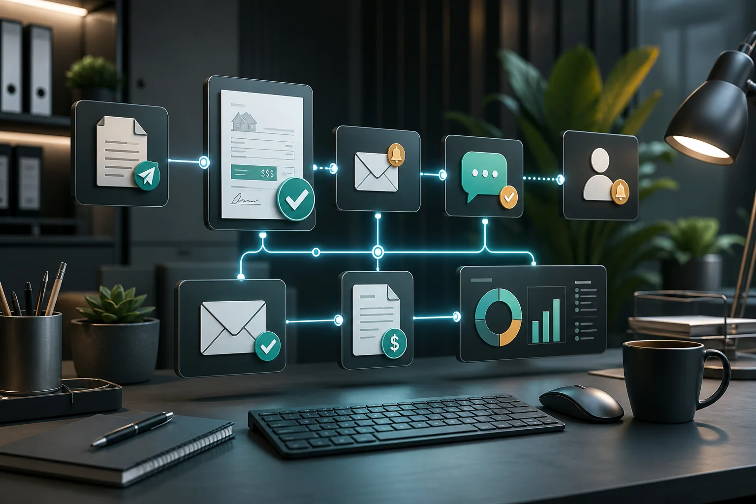 Cinematic workflow dashboard showing estimate approval follow-up automation for a local service business