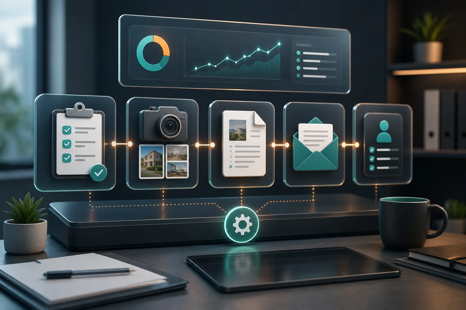 Cinematic workflow dashboard showing automated job completion reports for a local service business