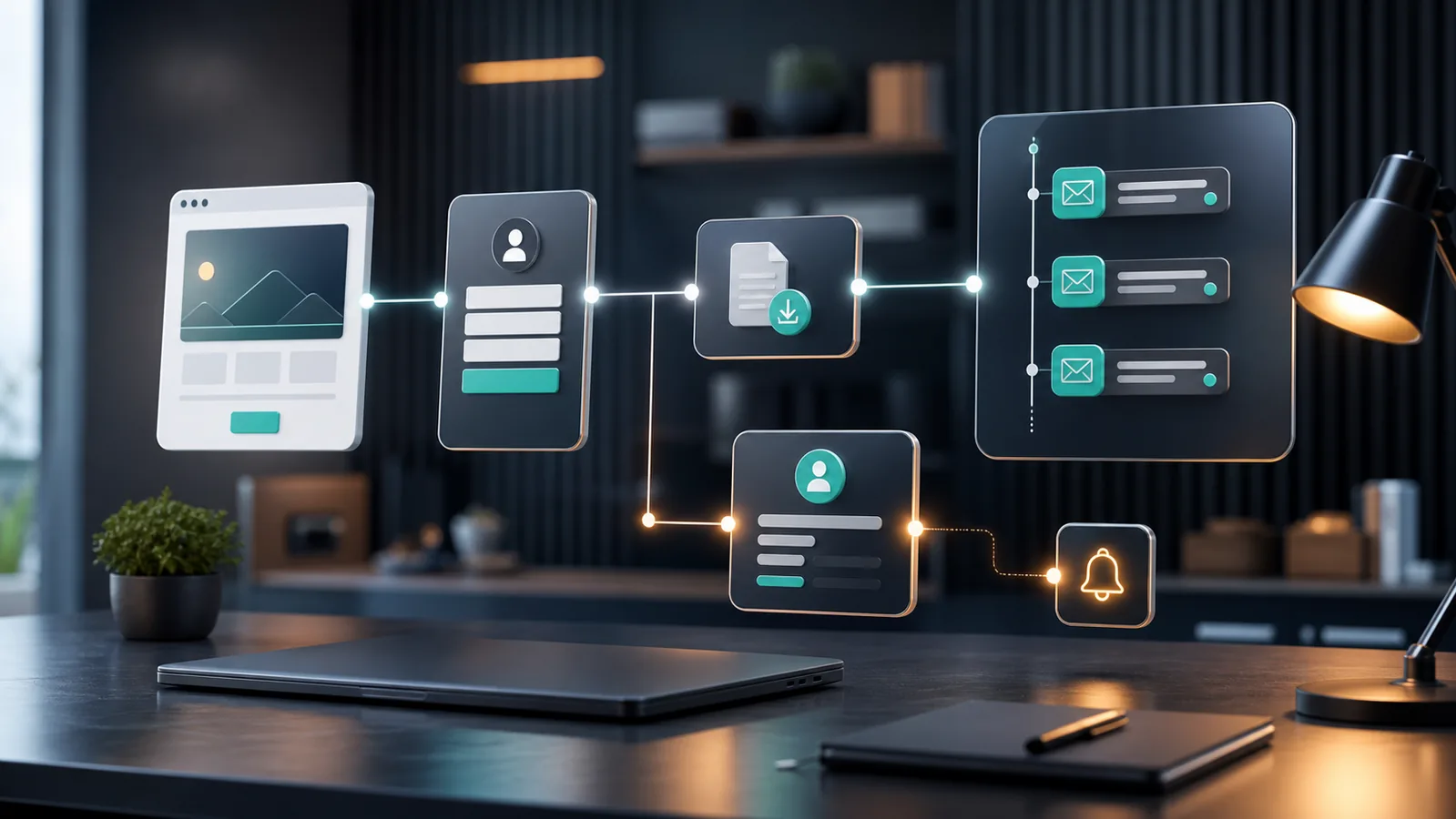 Cinematic 3D workflow showing a lead magnet form, file delivery, email sequence, contact record, and owner notification connected across a modern business desk.
