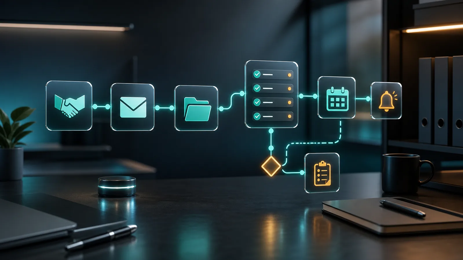 Cinematic 3D workflow showing an accepted deal card, welcome email, client folder, task checklist, missing-information branch, kickoff calendar slot, and internal notification.