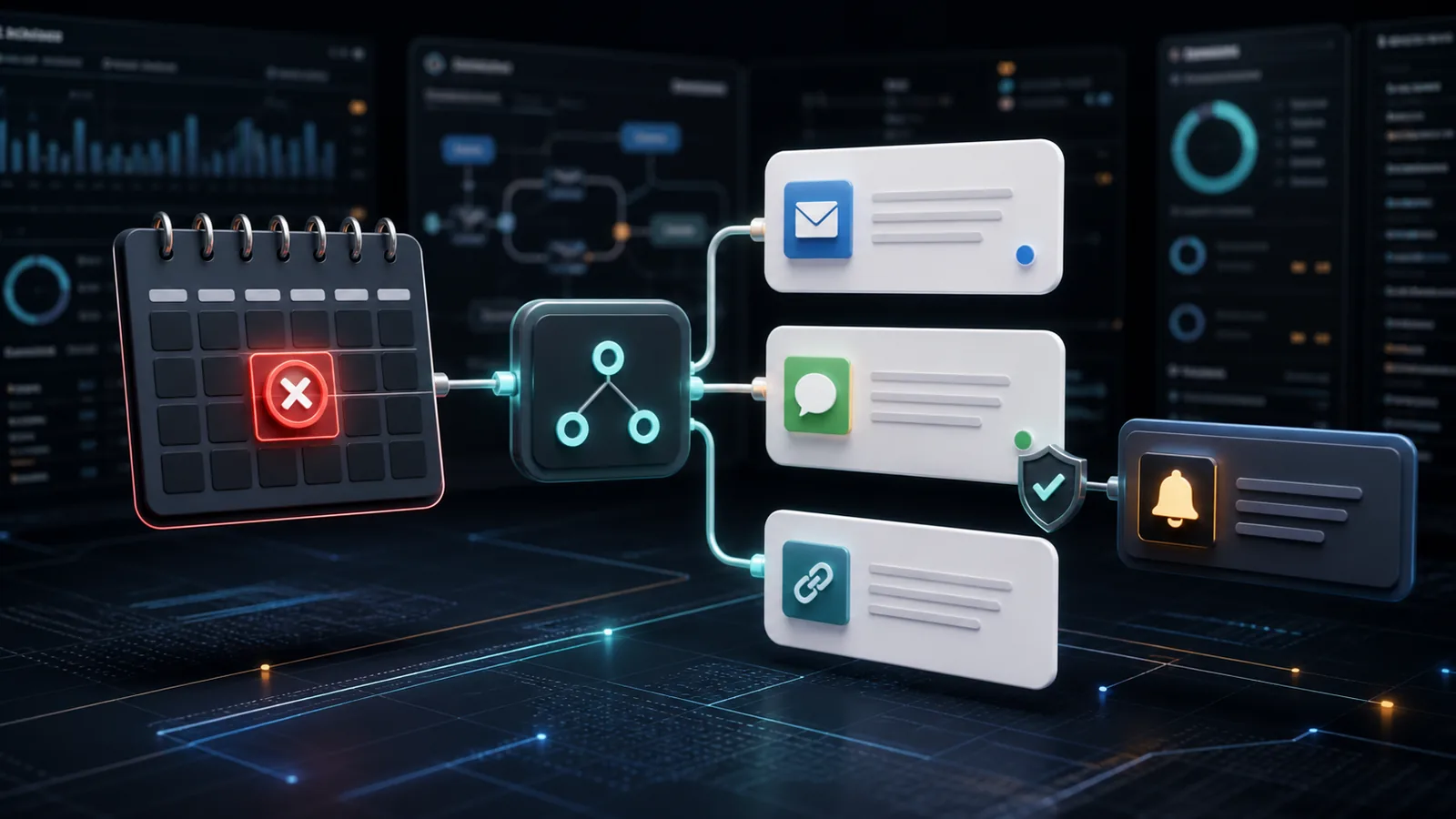 Cinematic 3D workflow showing a missed calendar appointment routed into email follow-up, SMS consent, reschedule link, and staff notification steps.