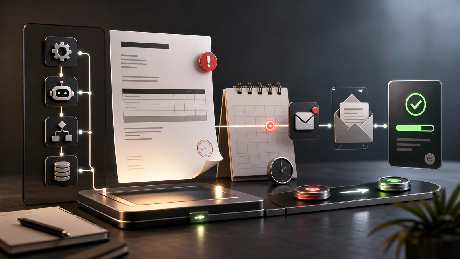 Automated overdue invoice reminder workflow with calendar, email, and payment status