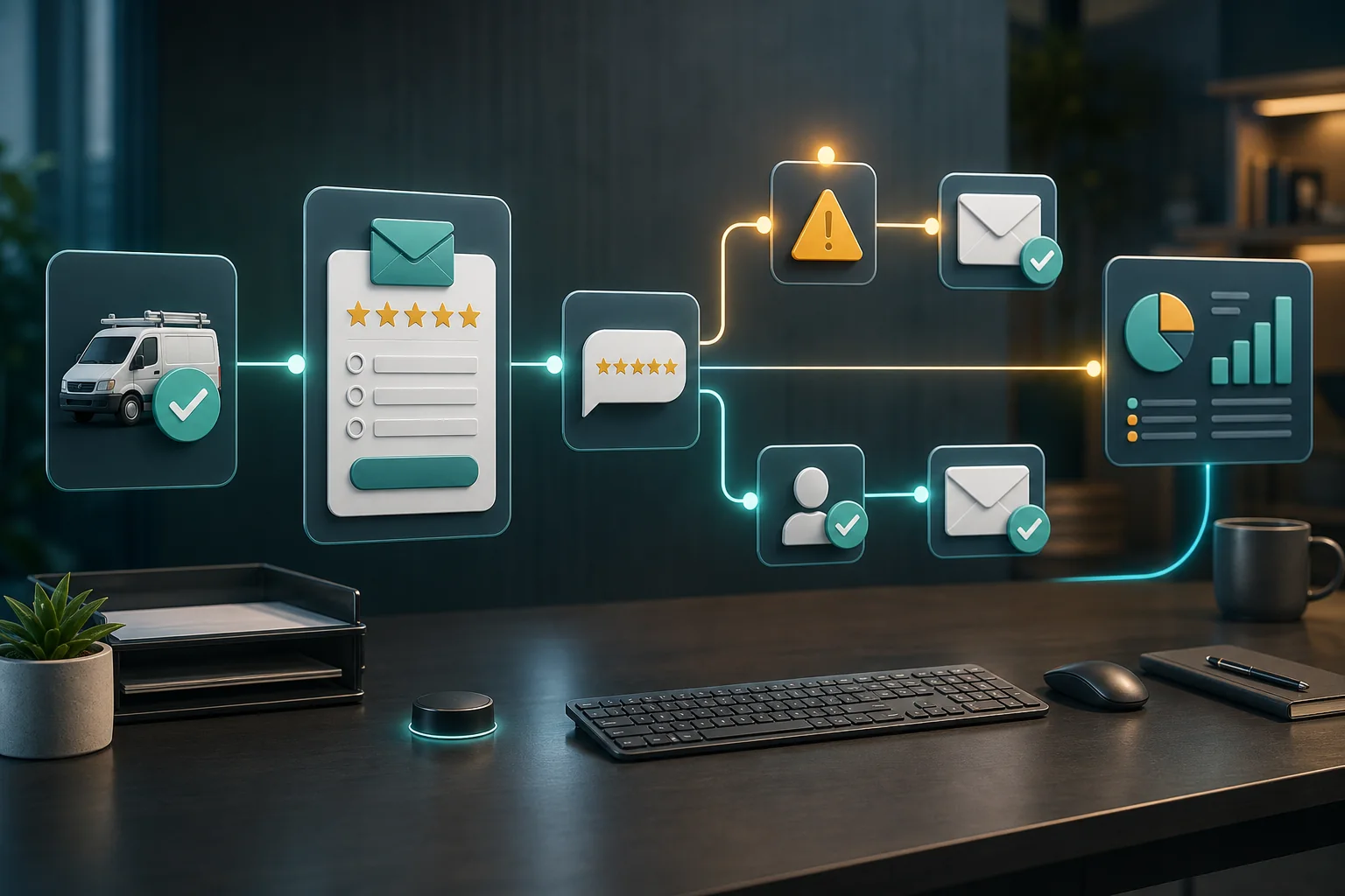 Cinematic 3D workflow showing post-service feedback survey automation, response routing, follow-up email, and analytics dashboard