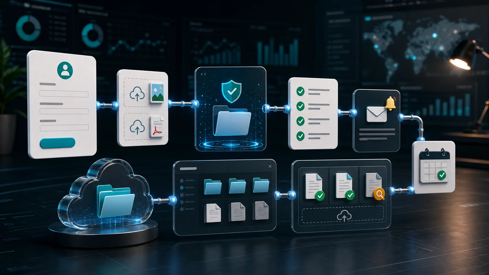 Cinematic 3D workflow showing a customer upload form, secure file validation, cloud folder storage, checklist approval, staff notification, and appointment-ready status.