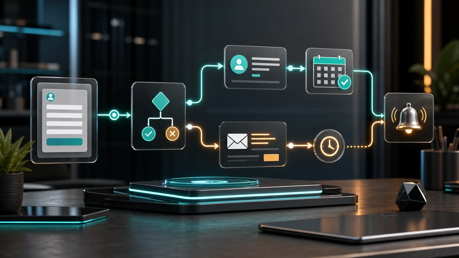 Cinematic 3D workflow showing a quote request form, qualification logic, CRM lead card, callback slot, email response, notification, and follow-up timer.