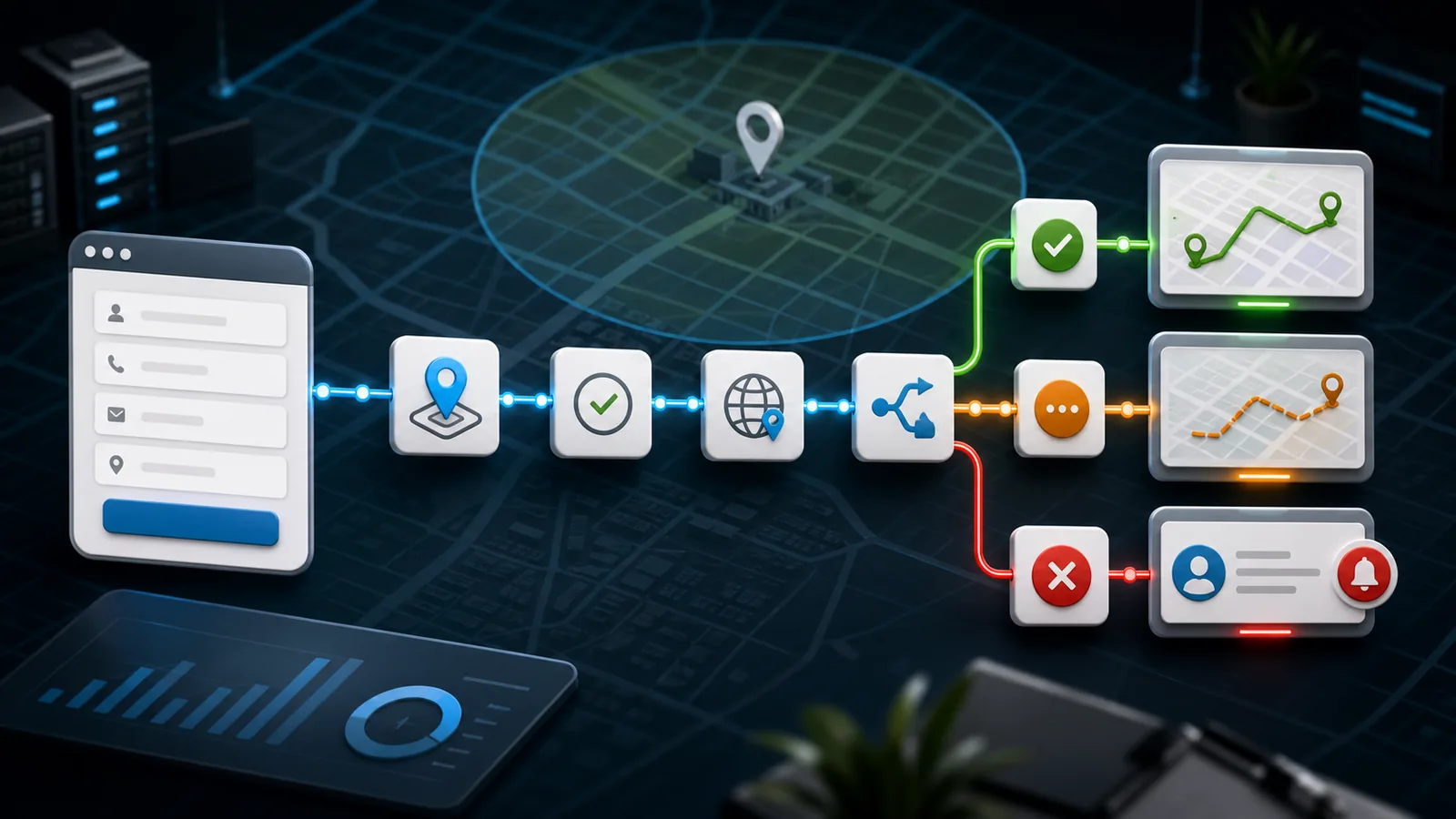 Cinematic 3D workflow showing a web lead form routed through address validation, map-based service-area checks, in-area approval, review, and out-of-area branches.