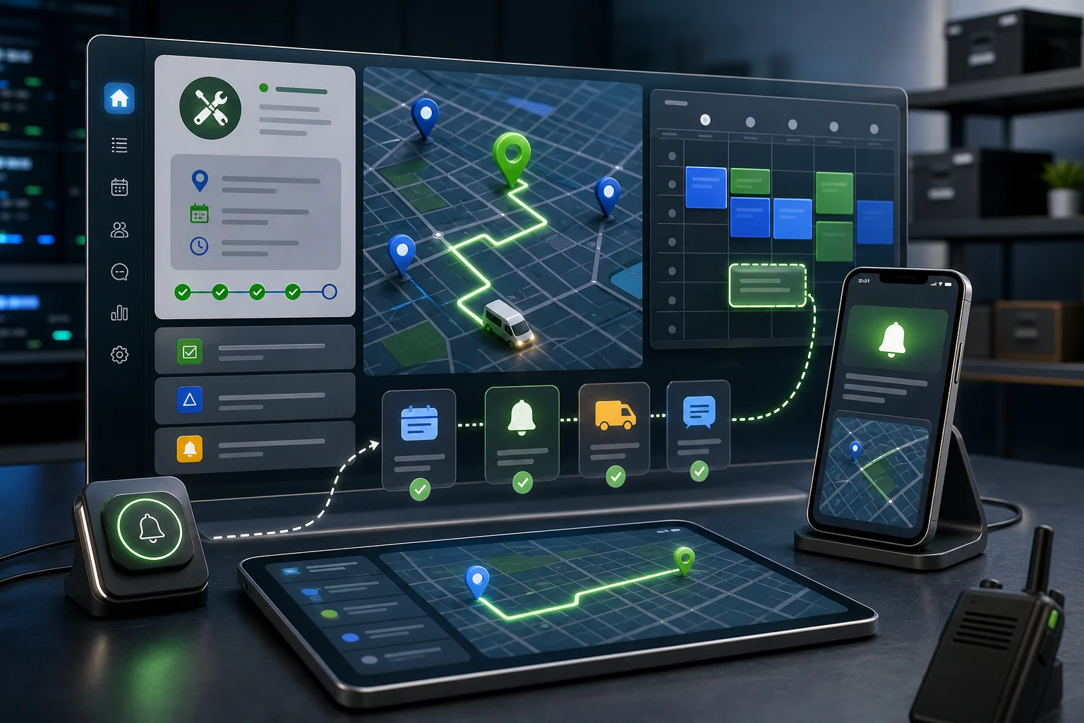 Cinematic dispatch automation dashboard with calendar, map, job card, and technician notification workflow