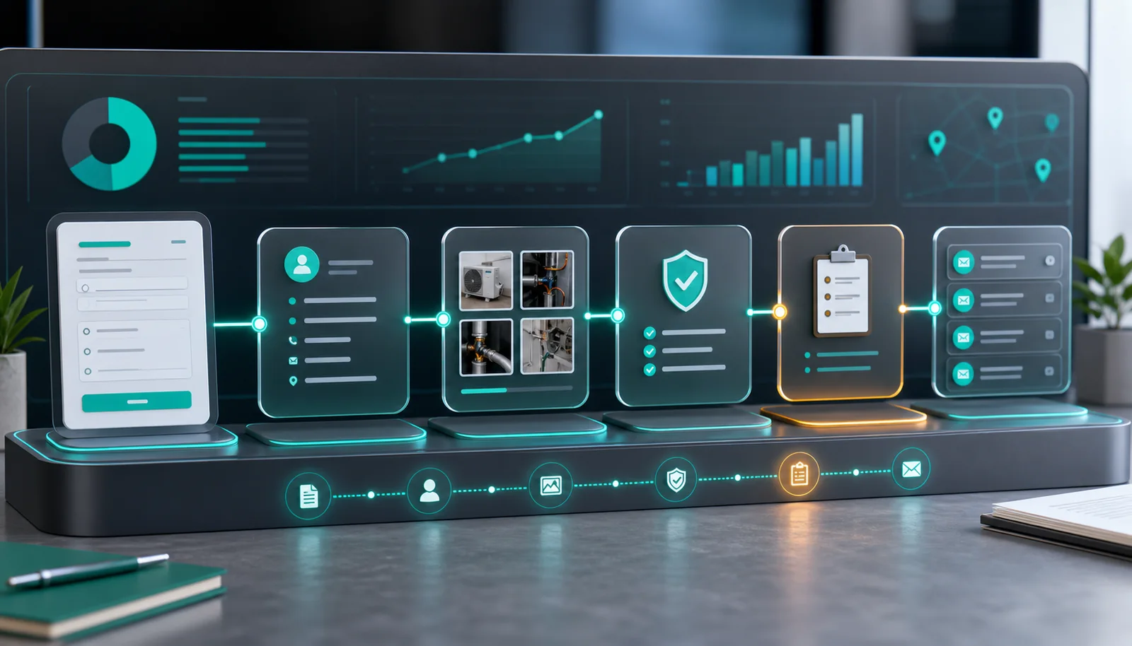Cinematic workflow dashboard showing warranty request intake, proof photos, eligibility checks, and review routing
