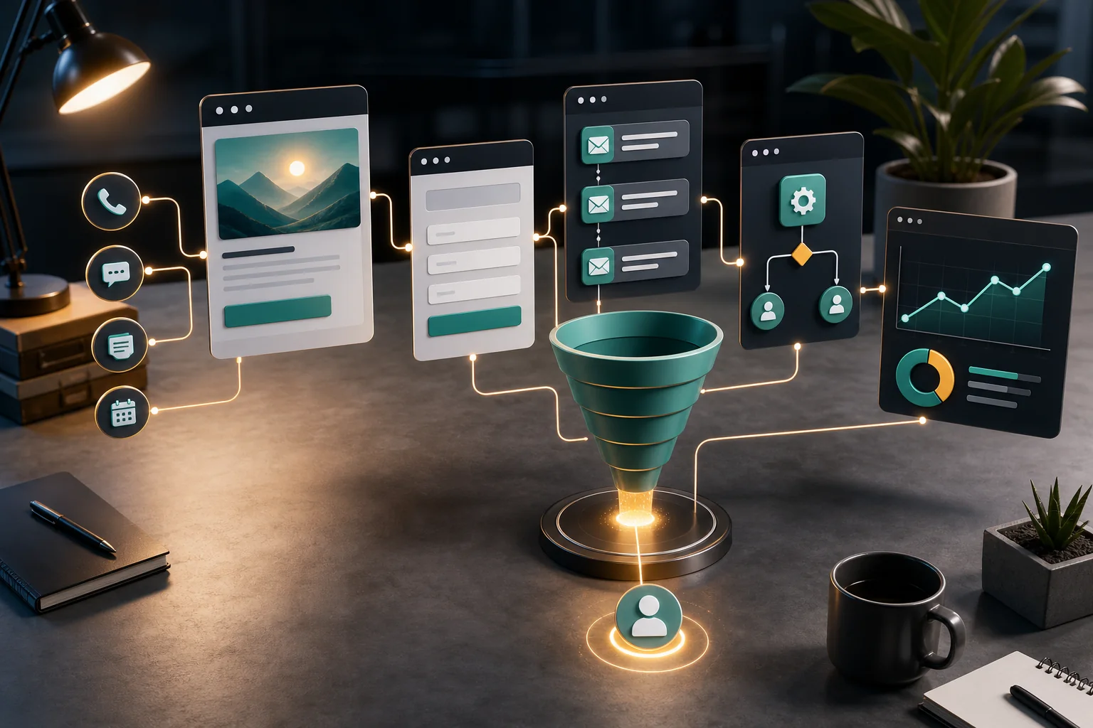 Cinematic 3D sales funnel workflow showing a landing page, contact form, email sequence, automation rule, and conversion dashboard