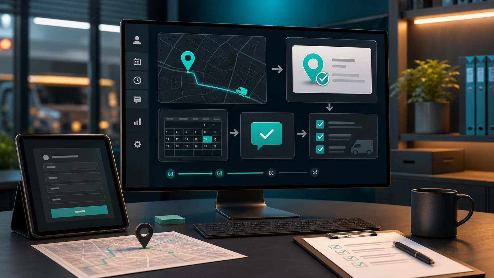 Service operations dashboard showing address validation, map pin, appointment calendar, and dispatch checklist