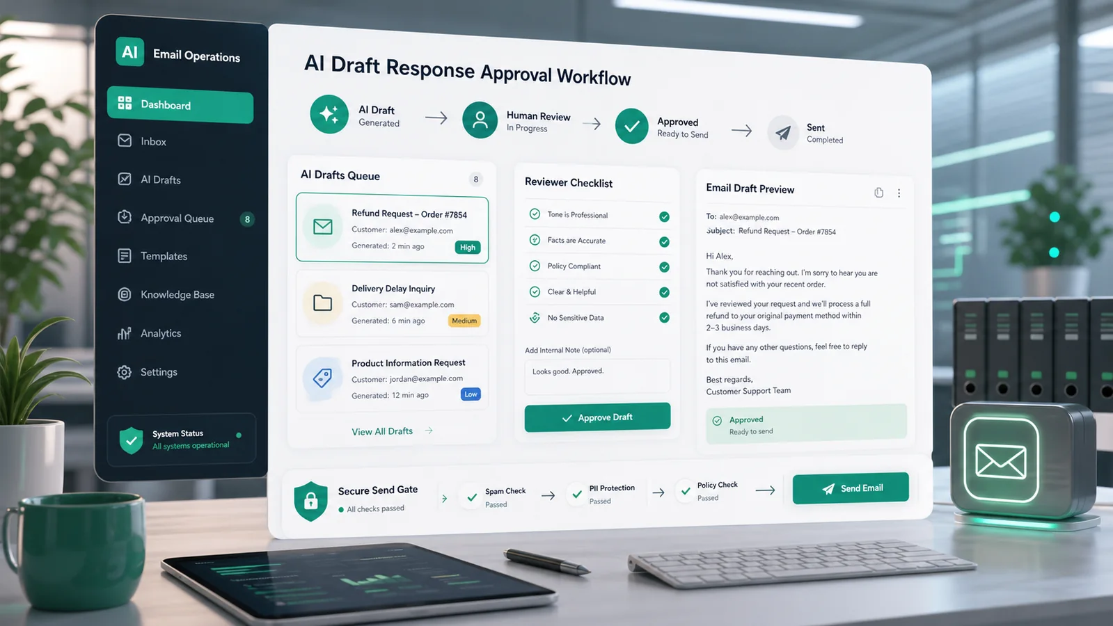 AI draft response approval dashboard showing email drafts, reviewer checklist, approval queue, and secure send gate