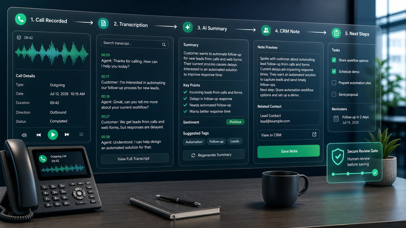 Call summary automation dashboard showing audio waveform, transcript panel, AI summary, CRM note preview, and review checklist