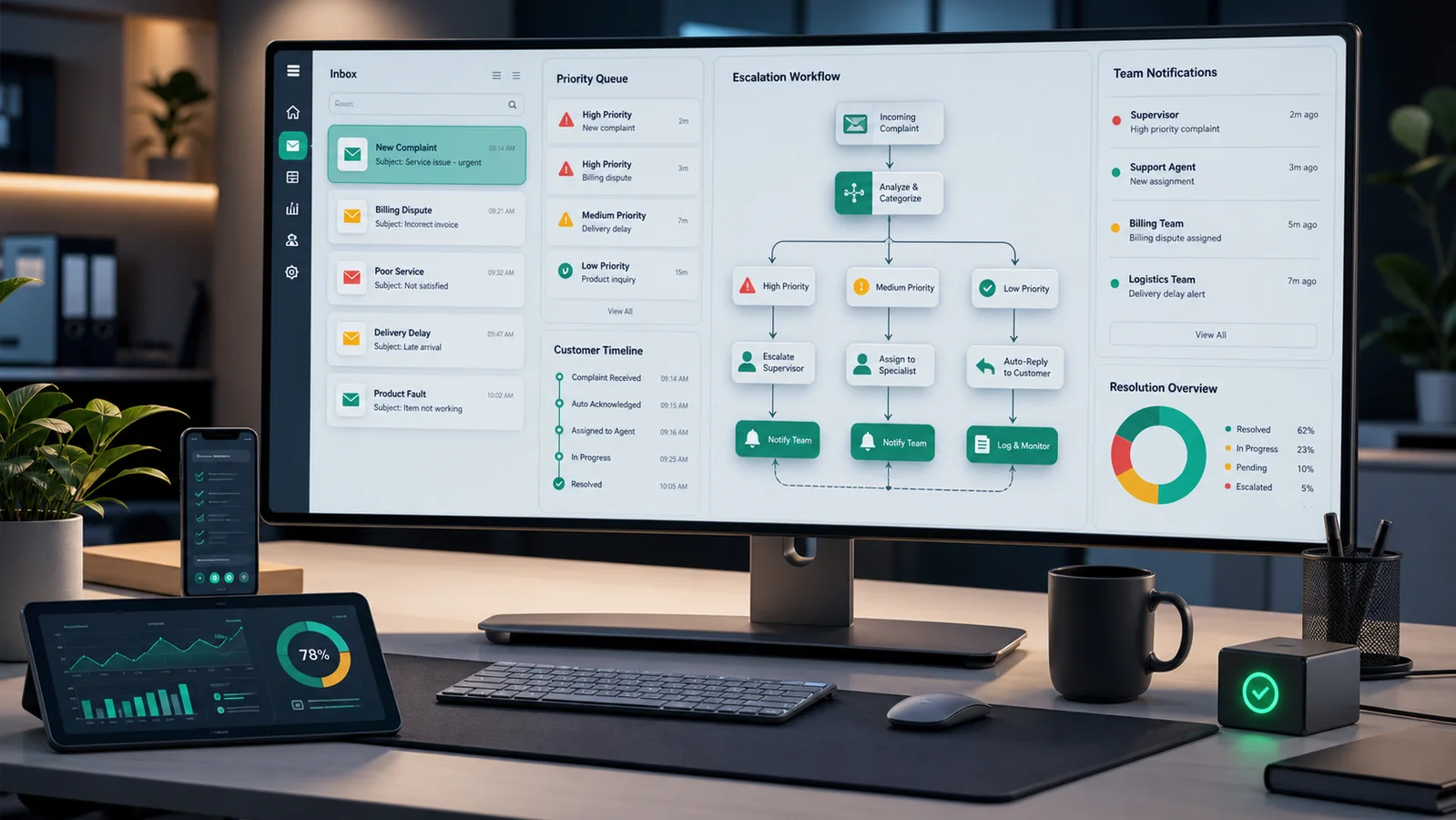 Customer operations dashboard showing complaint priority queues, escalation routing, and team notification workflow