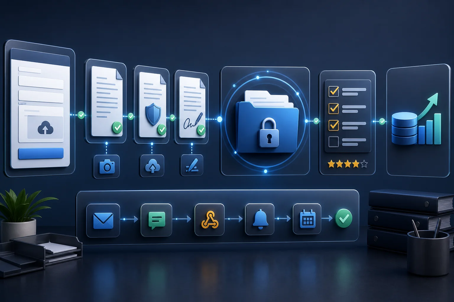 Cinematic automation dashboard showing customer document collection before service with secure folder and review workflow