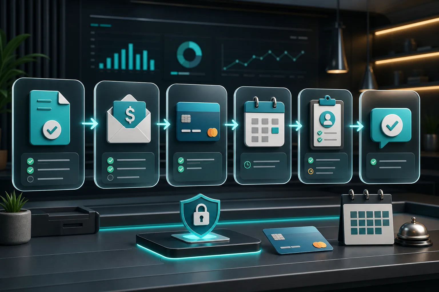 Cinematic automation dashboard showing deposit payment request workflow before booking confirmation