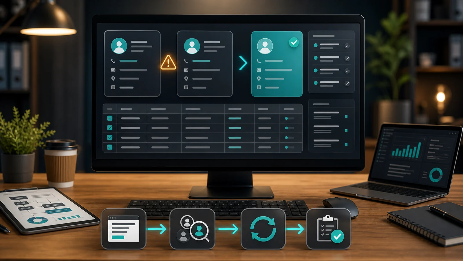 CRM dashboard showing duplicate lead detection, contact merge review, and sales follow-up workflow