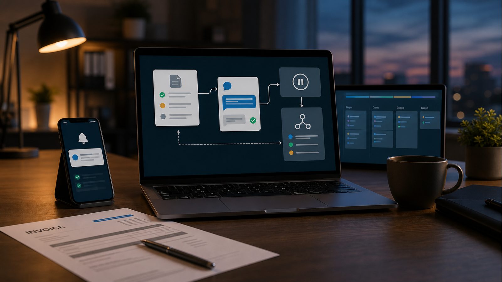 Invoice reminder reply pause automation workflow on a laptop with invoice, phone notification, and billing task board
