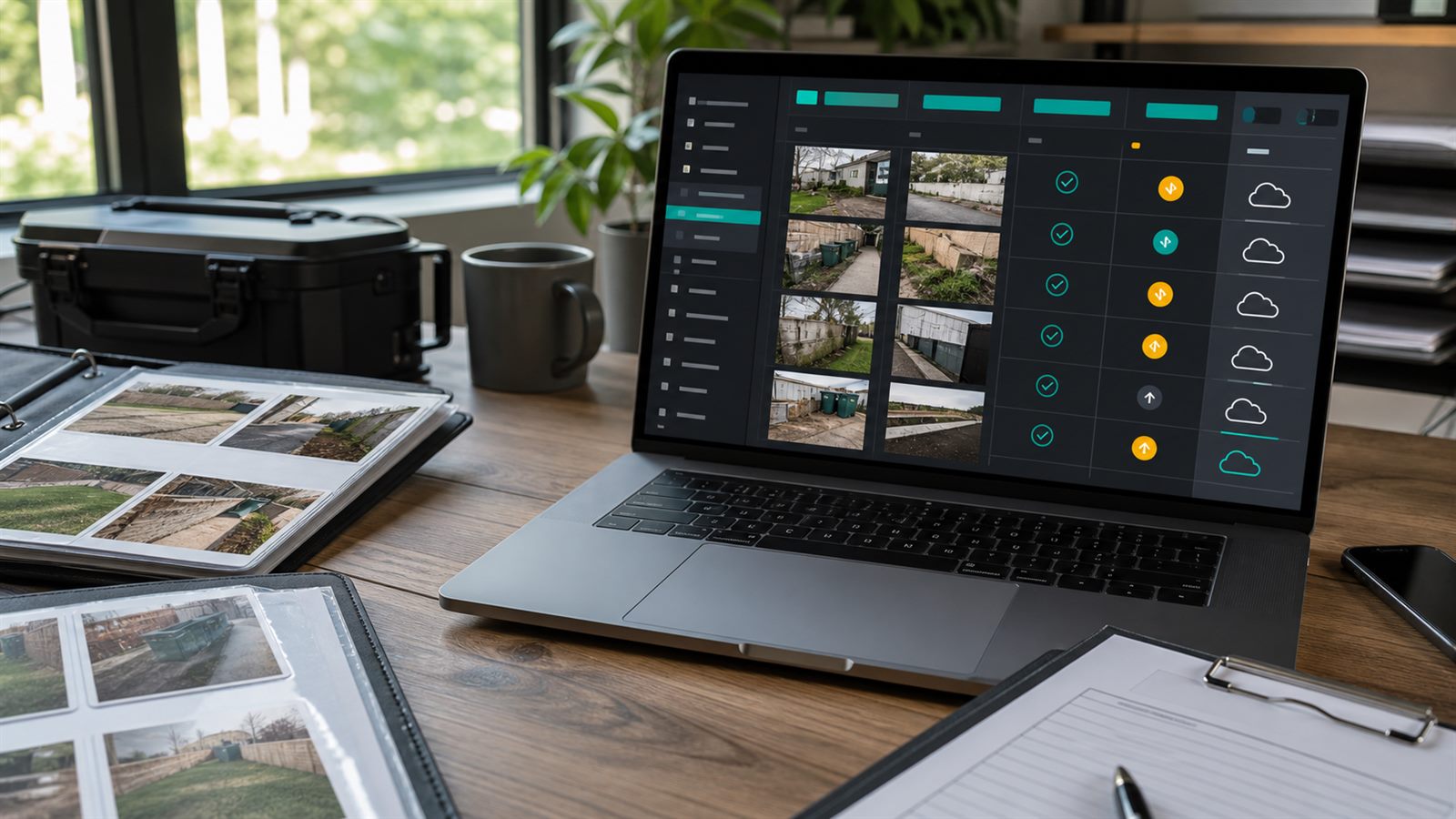 Service operations dashboard reviewing job completion photos, invoice approval status, and automation quality checks