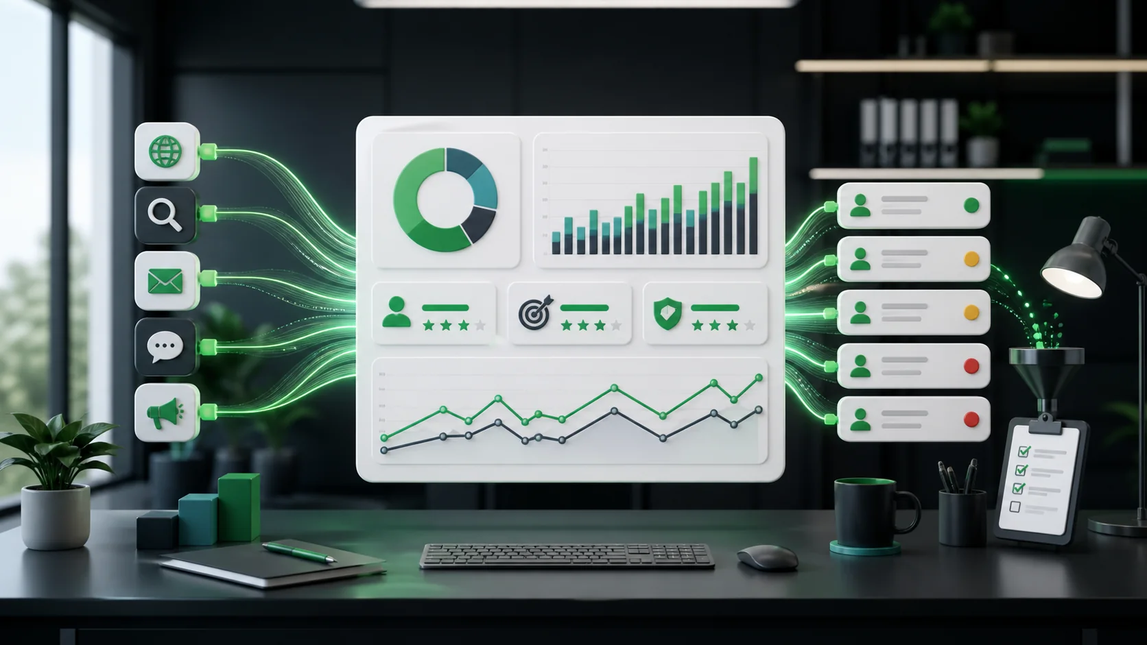 Marketing operations dashboard showing lead source quality scores, analytics channels, and CRM review queues