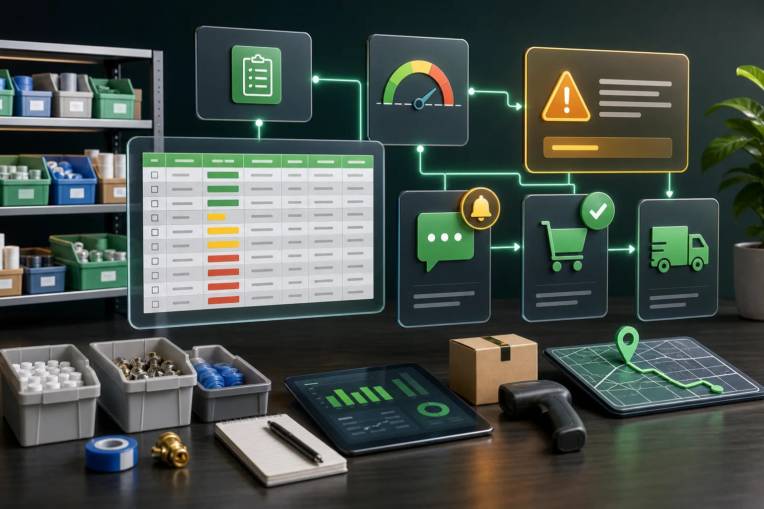 Cinematic inventory automation dashboard showing low-stock alerts for service supplies and reorder tasks