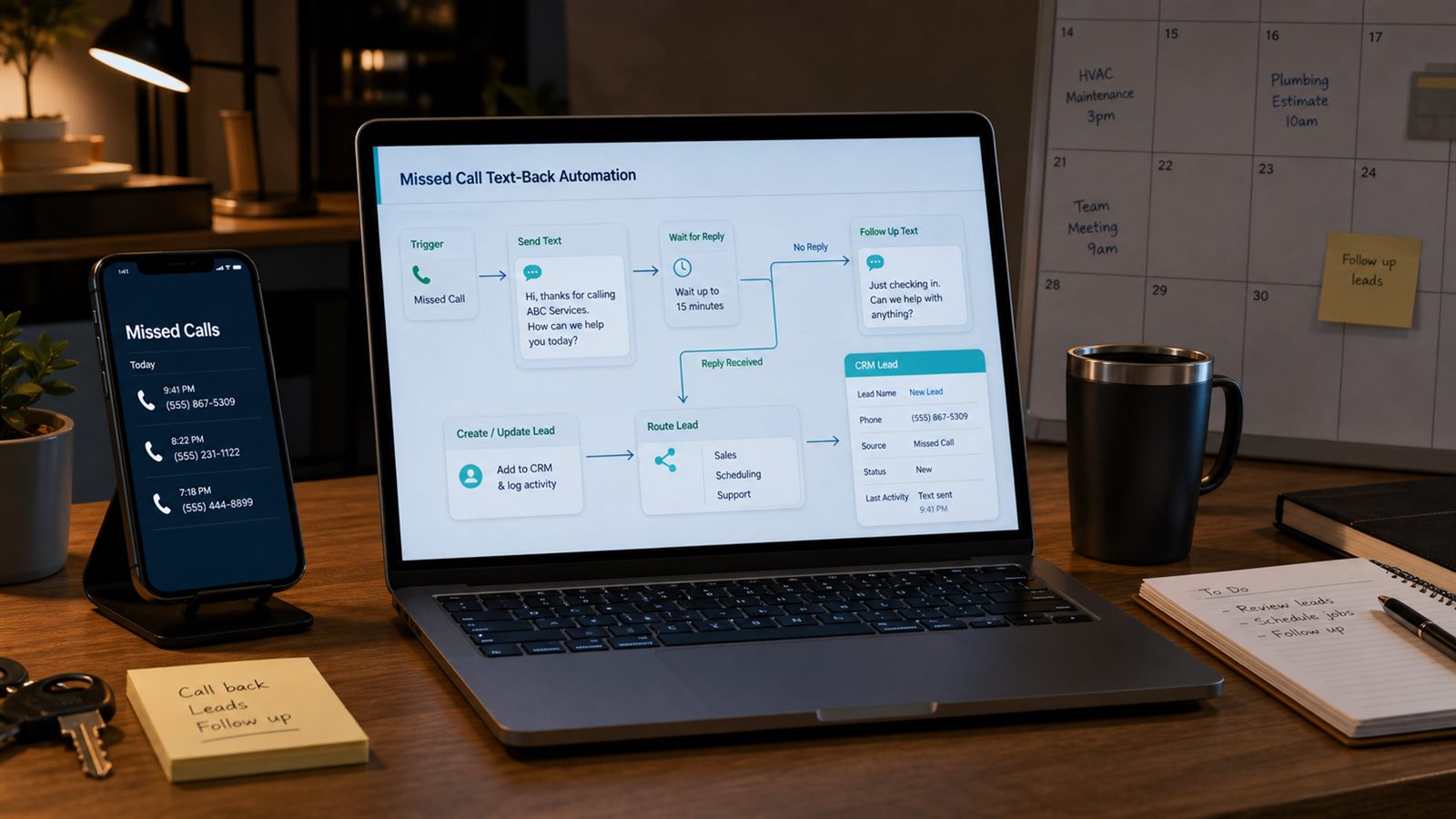 Missed-call text-back automation workflow on a laptop and phone for a local service business