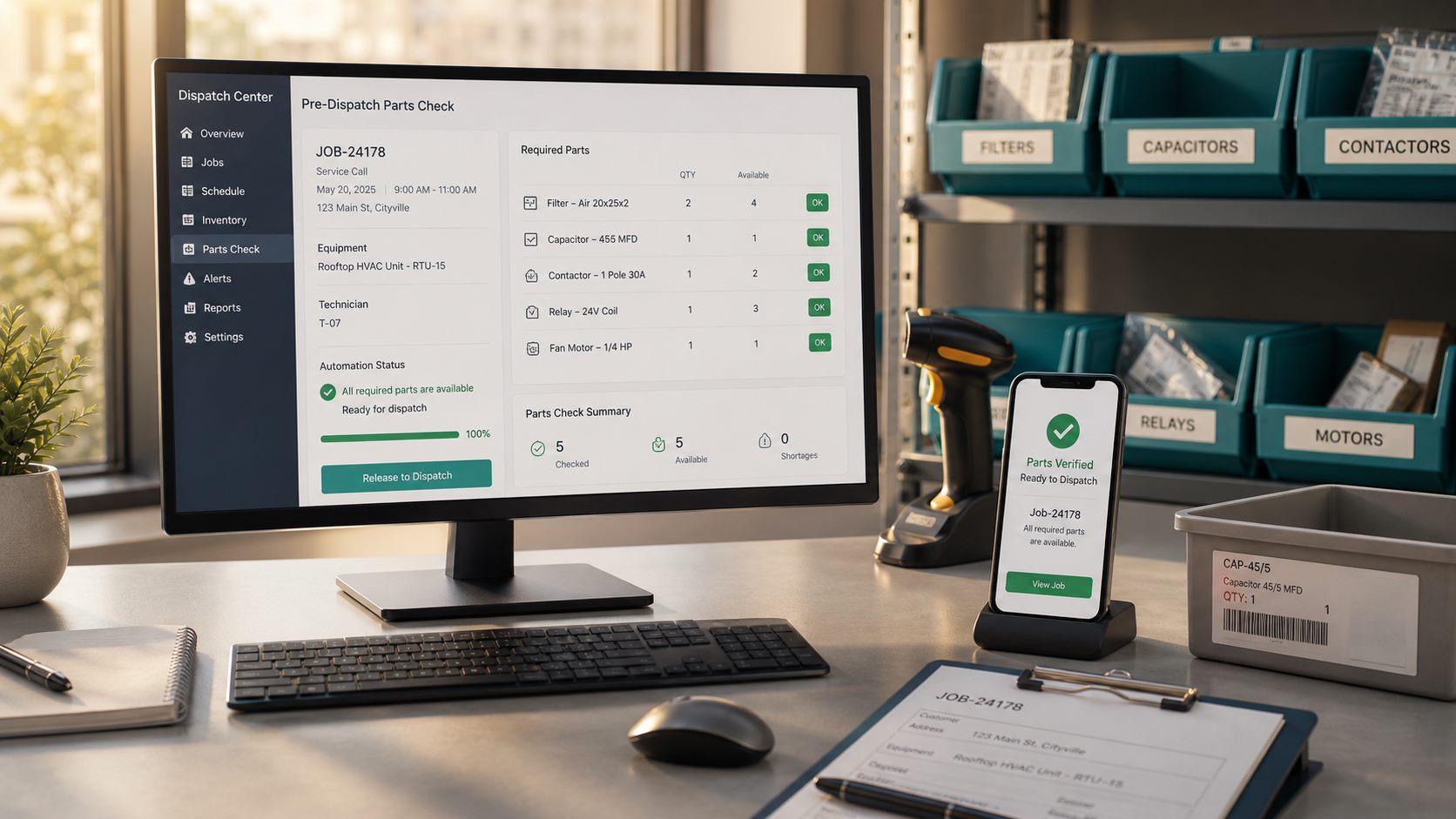 Dispatch dashboard showing required parts verified against inventory before a technician is released to a service job