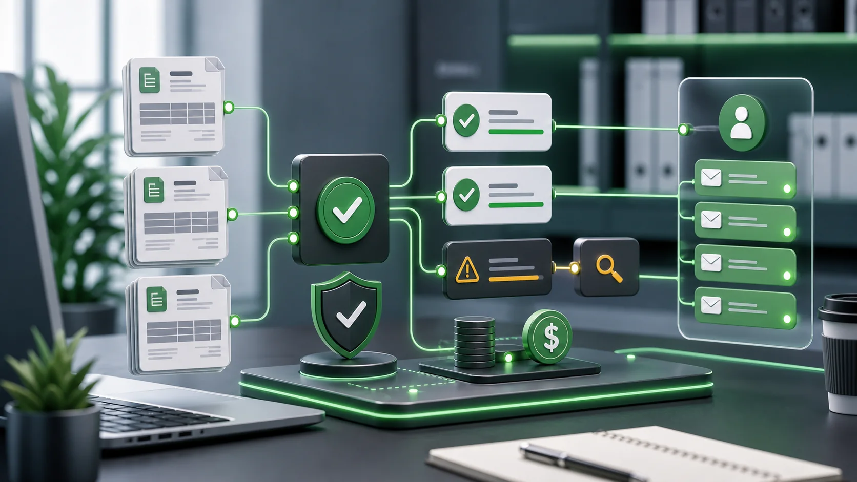 Finance operations dashboard showing invoices matched to payments, exceptions, and customer follow-up approval