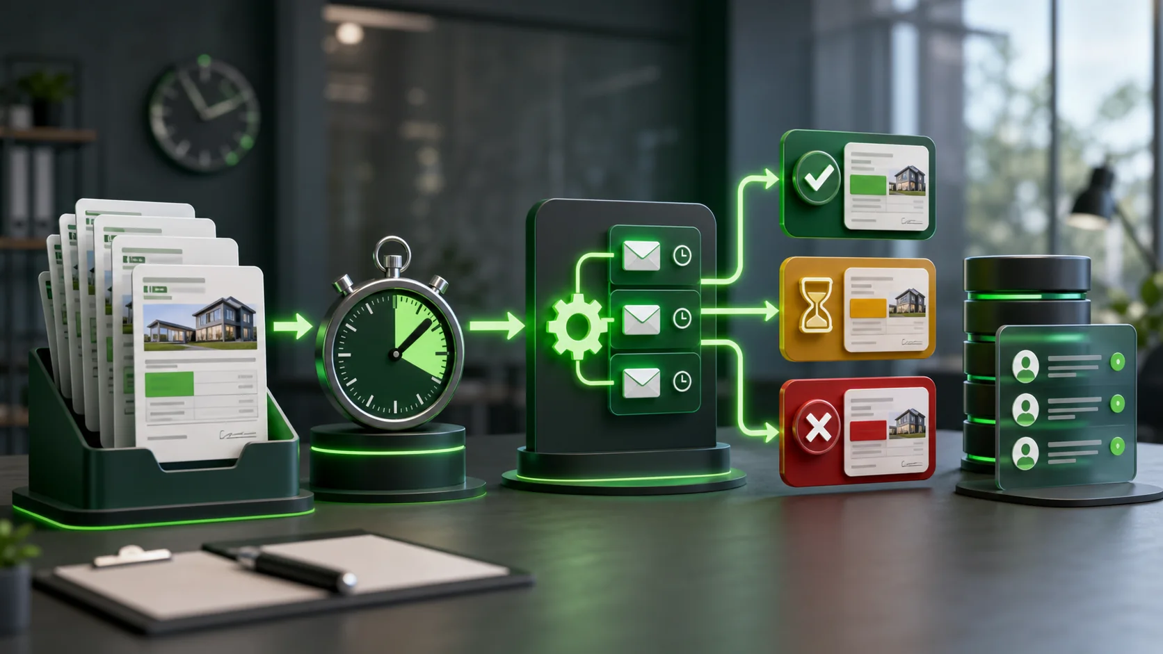 Sales automation dashboard showing expiring quote reminders, customer response paths, and CRM status updates