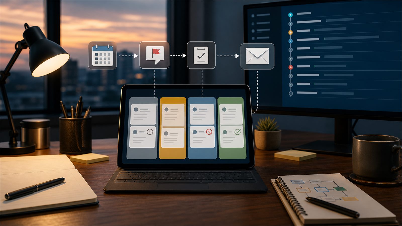 People-free operations desk showing an automated complaint review hold workflow before customer review requests are sent