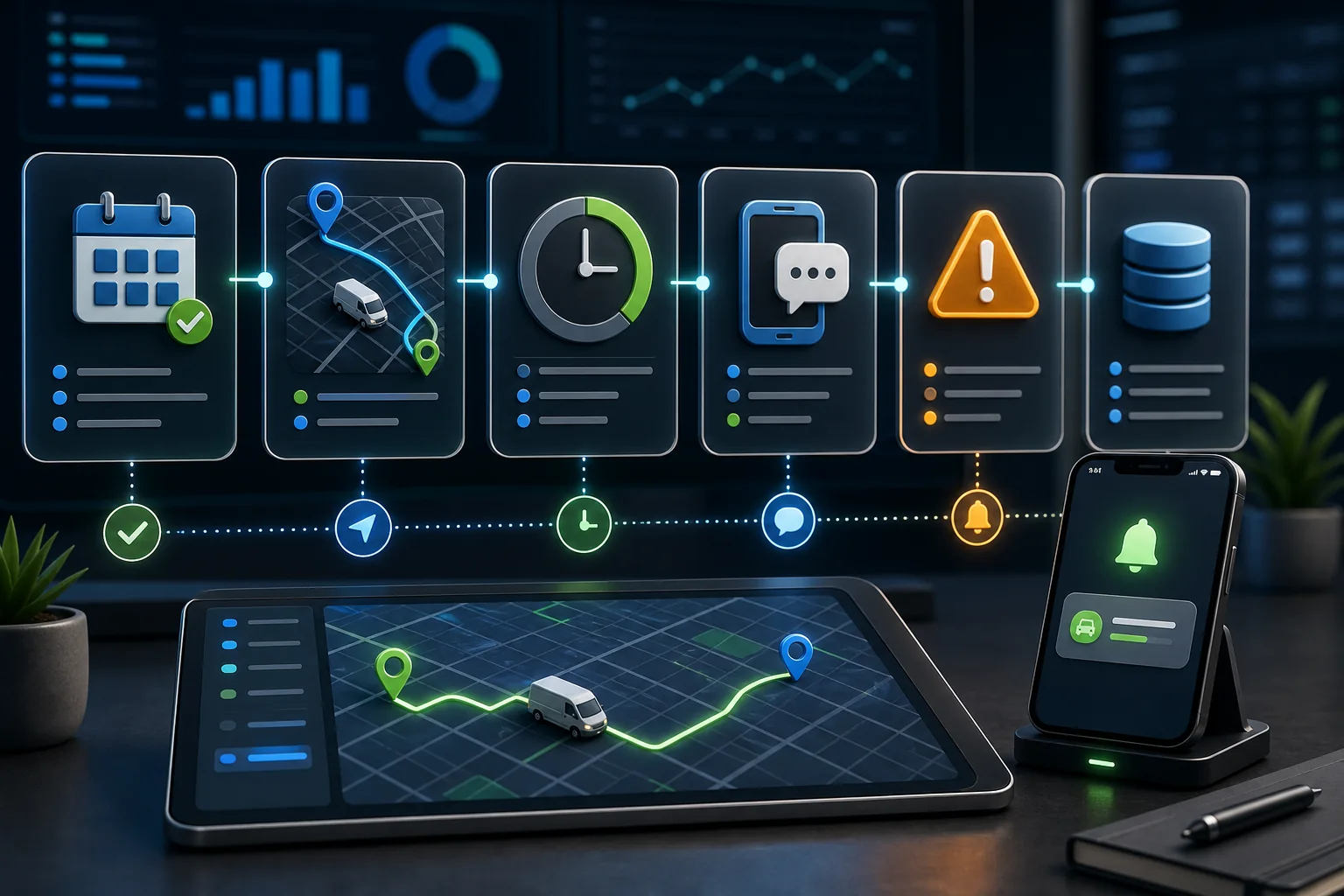 Cinematic automation dashboard showing service agreement renewal reminders and CRM status updates