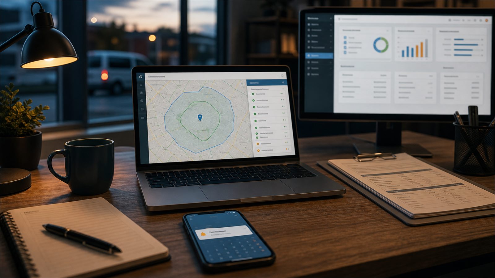 People-free operations desk showing a map-based service-area automation check before booking a local service job