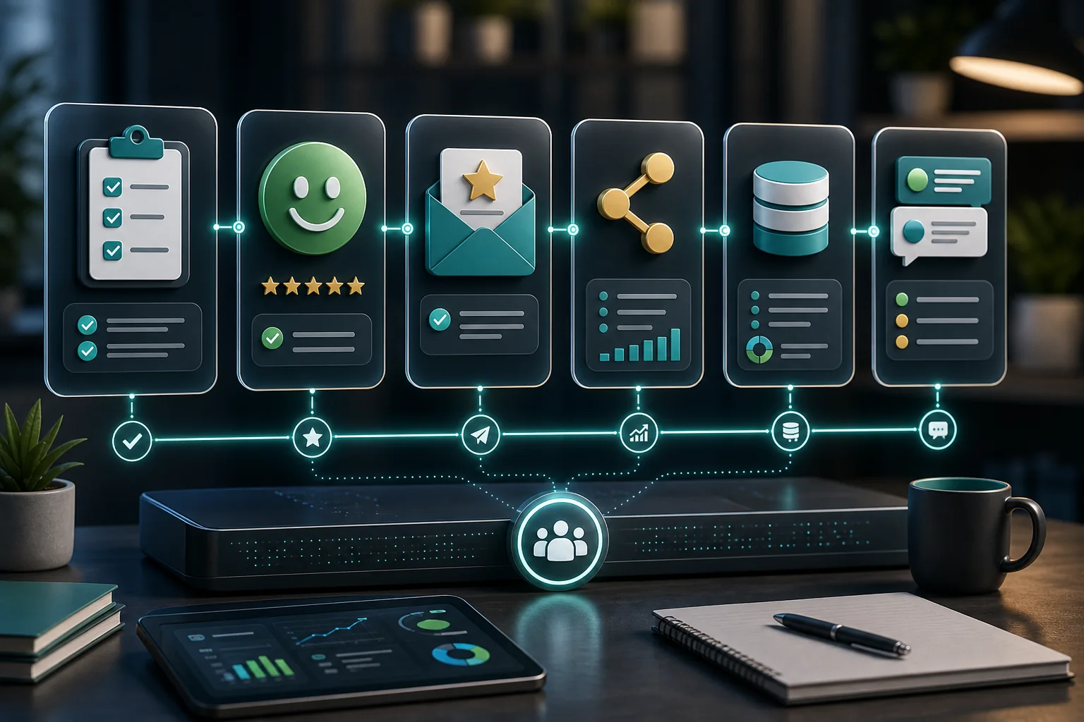 Cinematic routing dashboard showing technician ETA updates, delay alerts, and customer notification workflow