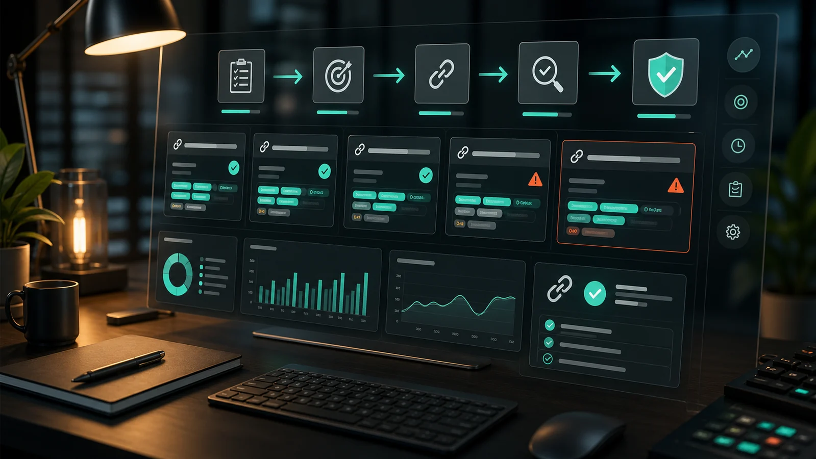 Marketing operations dashboard showing UTM campaign link validation, analytics checks, and approval workflow