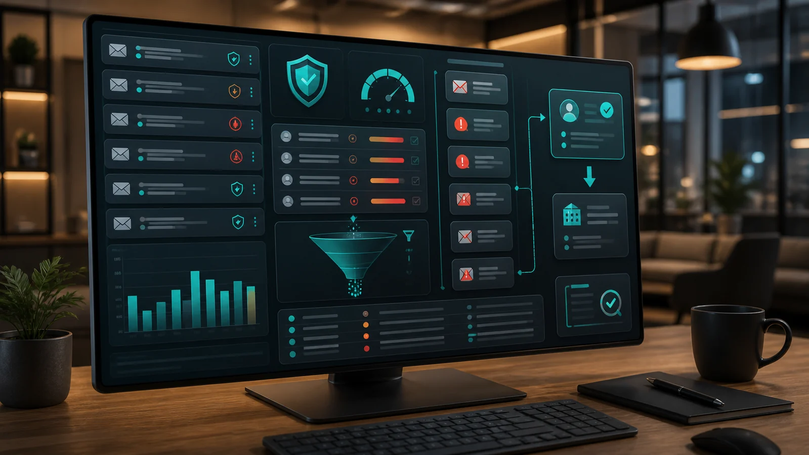 Operations dashboard showing form submissions, spam scoring, quarantine queue, and CRM approval workflow