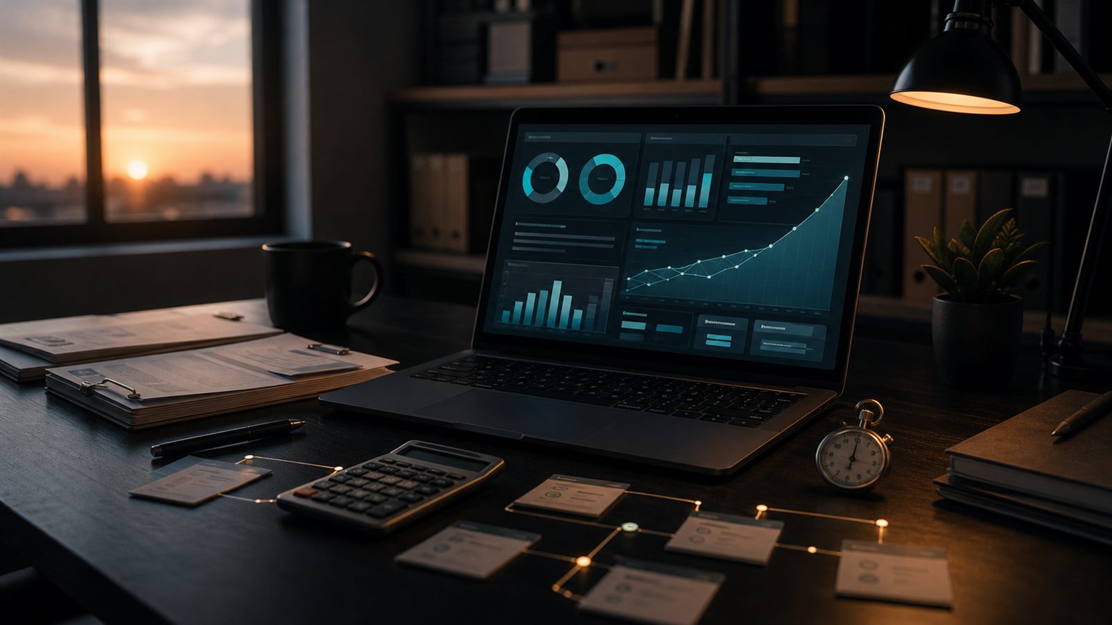 Automation ROI dashboard with calculator, workflow cards, and stopwatch on a service-business operations desk
