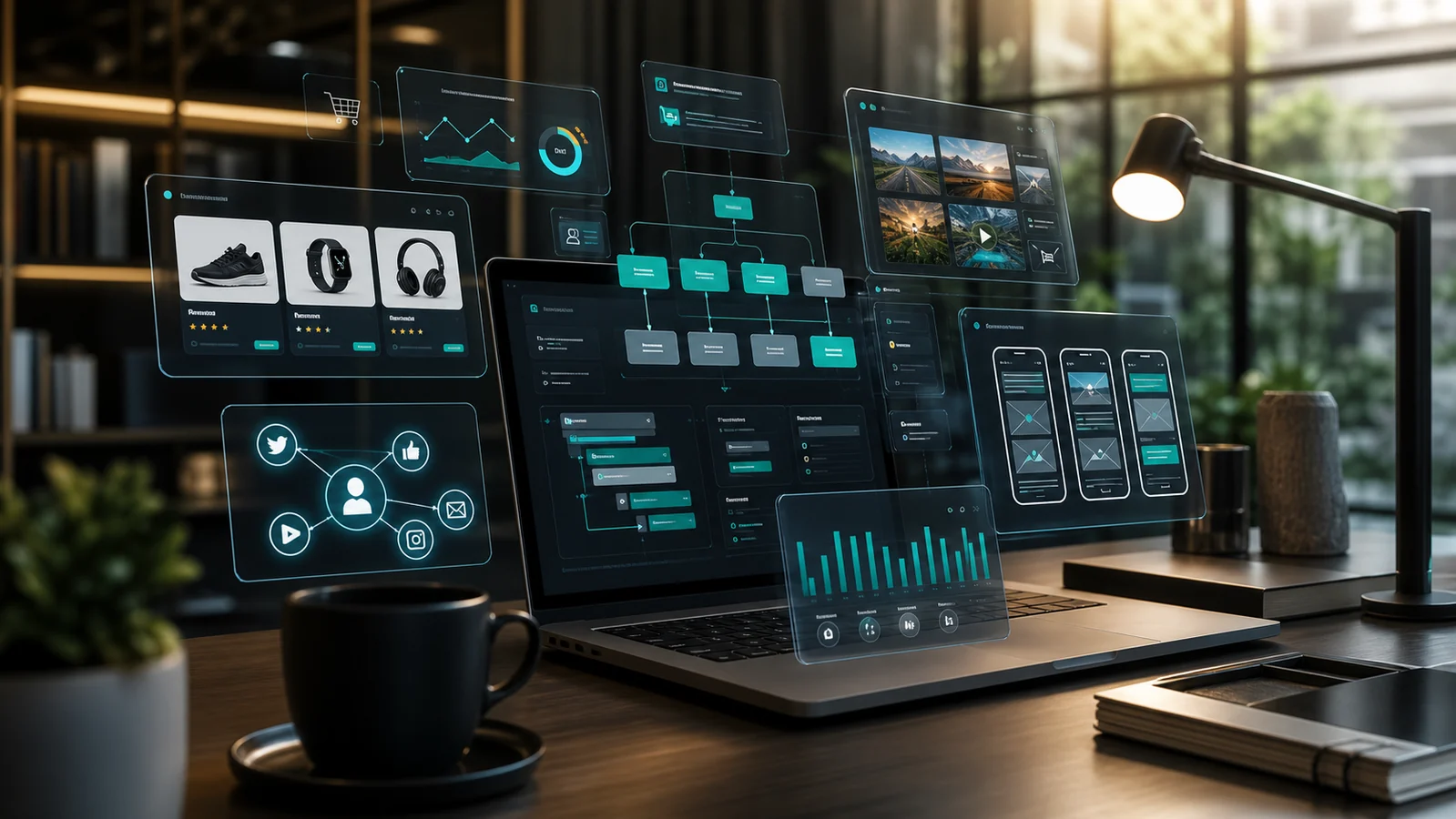Cinematic dashboard showing website, e-commerce, content, automation, and mobile workflow panels for GainEdge business development services