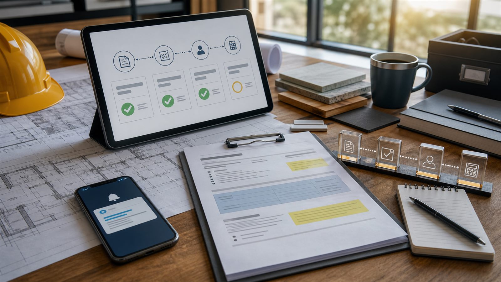 People-free contractor desk showing a version-controlled no-code change-order approval workflow
