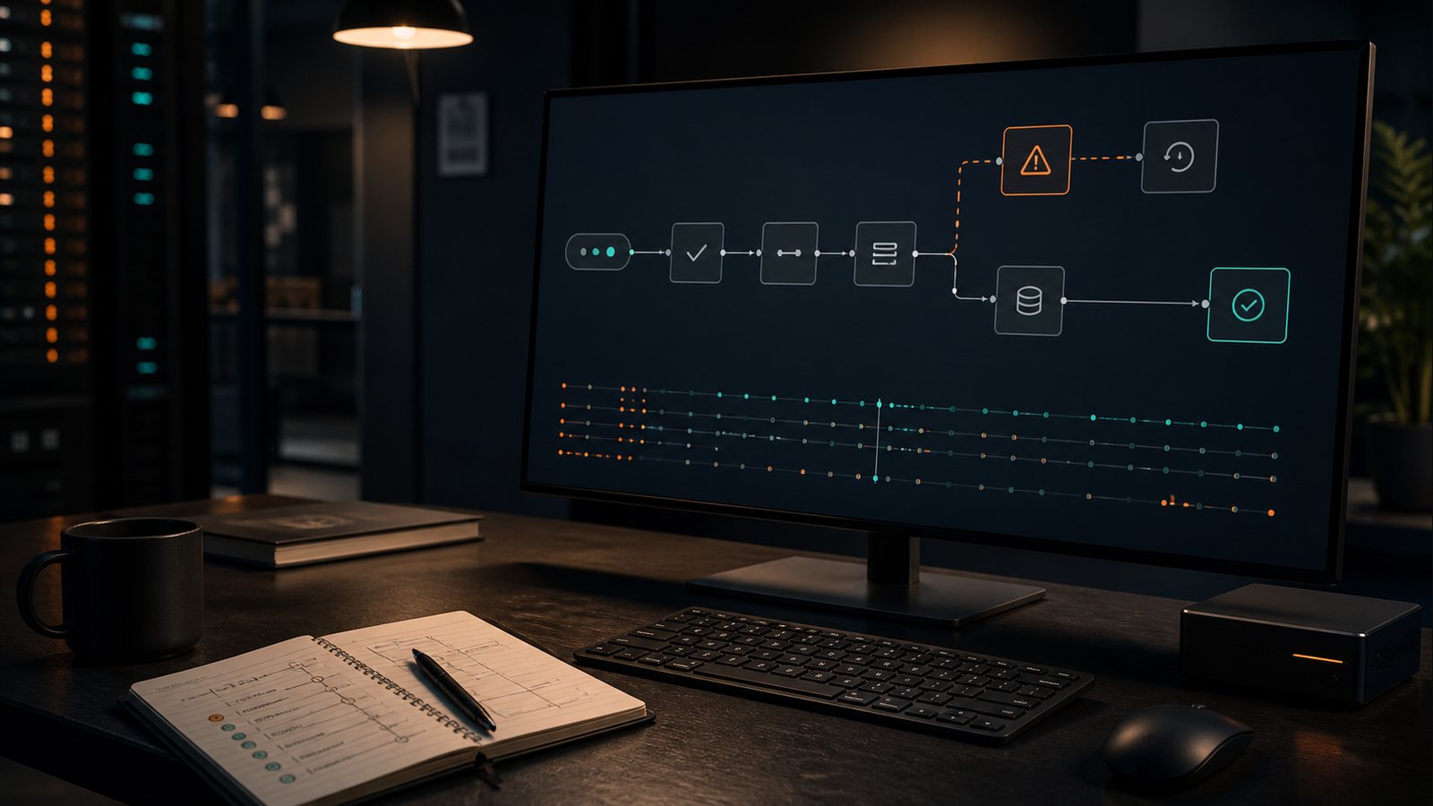 Webhook automation troubleshooting dashboard with retry and recovery paths on an operations desk